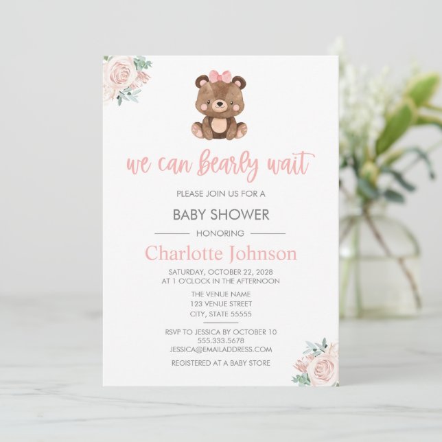 Invitation Teddy Ours rose Floral Fille Baby shower (Debout devant)