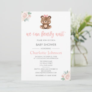 Invitation Teddy Ours rose Floral Fille Baby shower