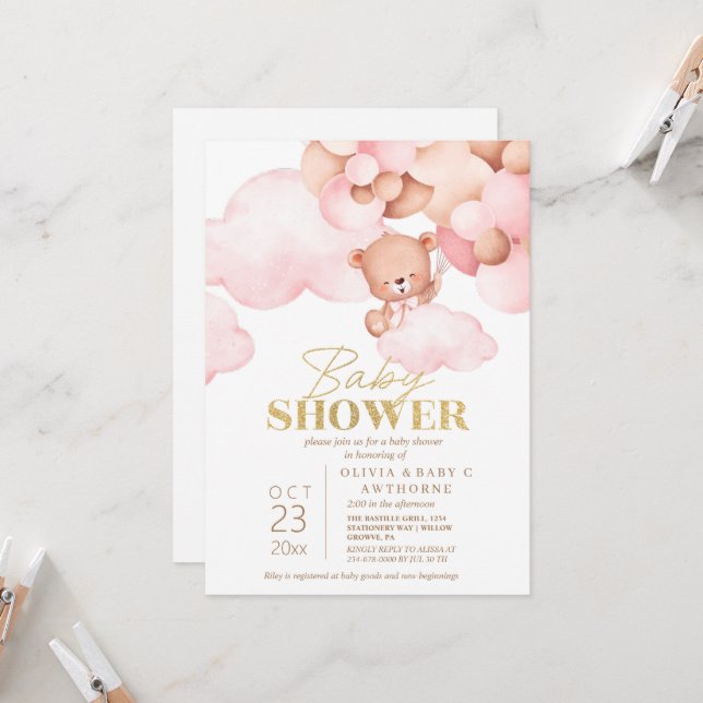 Invitation Teddy Ours rose Or bébé fille Douche (Devant/Arrière en situation)