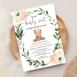 Invitation Teddy Ours rose verdure baby shower fille fleurie