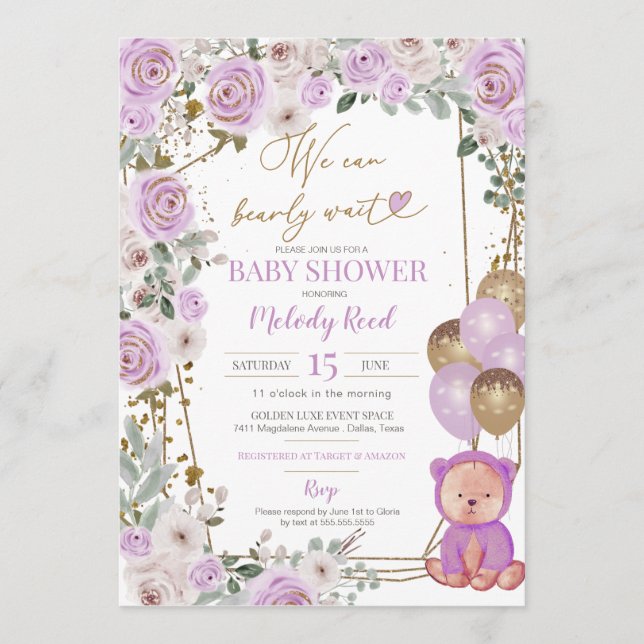 Invitation Teddy Ours Violet Floral Balloons Fille Baby showe (Devant)