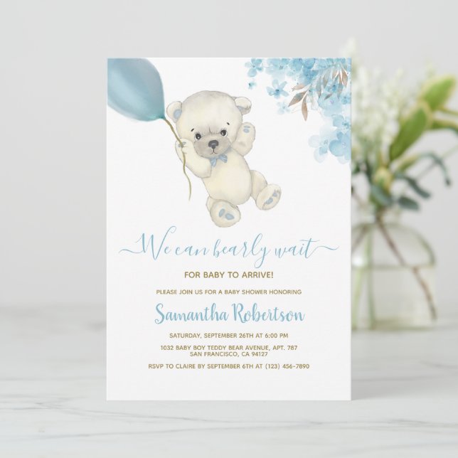 Invitation Teddy Polar Bear Blue Balloon Baby shower garçon (Debout devant)