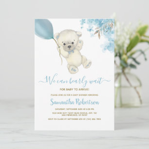 Invitation Teddy Polar Bear Blue Balloon Baby shower garçon