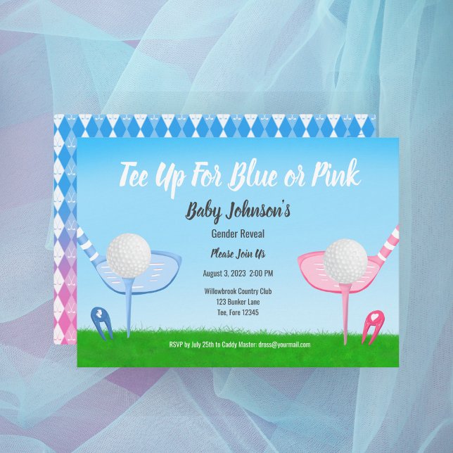 Invitation Tee Up Blue ou Rose Golf Baby shower de révélation (Créateur téléchargé)