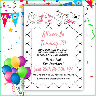 Invitation Teeb Girl Chat Rose Et Noir Kitty Anniversaire
