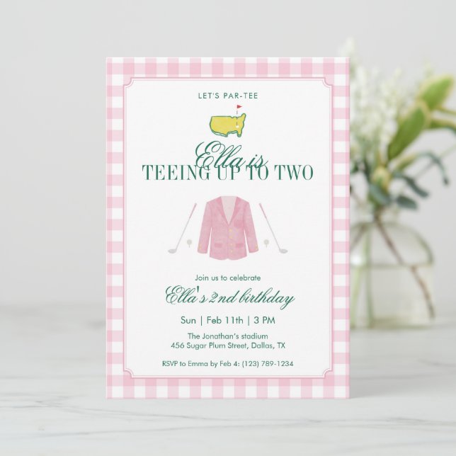 Invitation Teeing Up To Two Golf 2nd Birthday Pink Gingham (Debout devant)