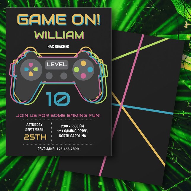 Invitation Teen Gaming Gamer Video Game Player Neon Birthday (Teen Gaming Gamer Video Game Player Neon Birthday Invitation)