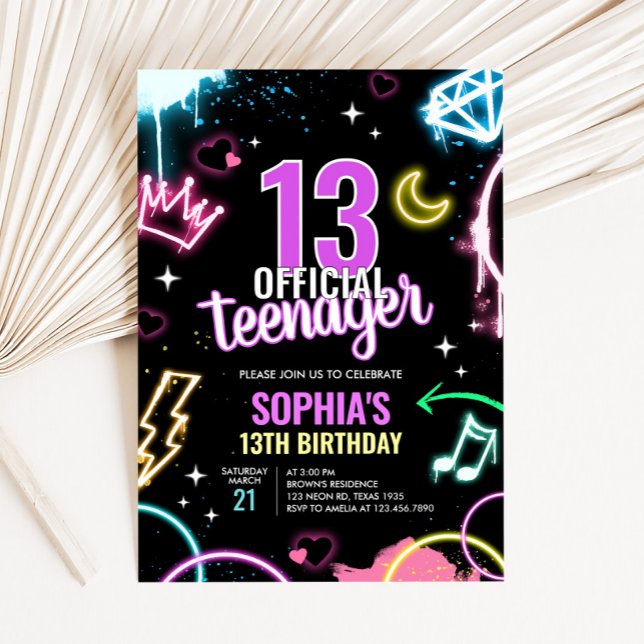 Invitation Teenager Neon treizième anniversaire (Neon Teenager 13th Birthday Party Invitation)