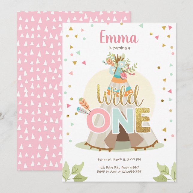 Invitation Teepee Anniversaire Wild One Fille Rose Bohème Tri (Devant / Derrière)