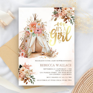 Invitation Teepee Bohème Tribale Fleurie pour Baby Shower Fil