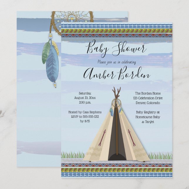 Invitation TeePee Dreamcatcher Tribal Theme Baby shower de ga (Devant / Derrière)