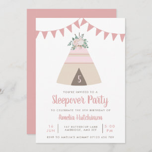 Invitation Teepee Fête de bois Filles rose Floral Anniversair