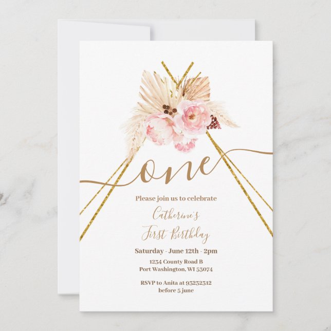 Invitation Teepee Pampas Herbe 1er Anniversaire (Devant)