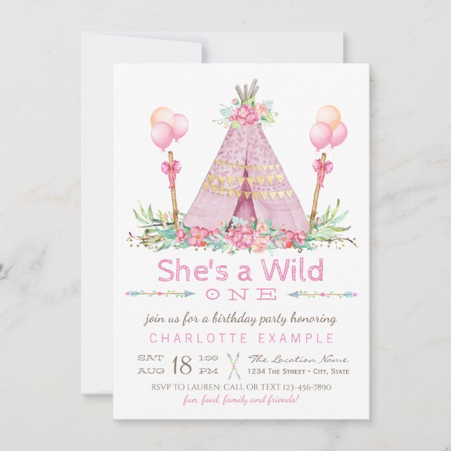 Invitation Teepee Rose Fête d'Anniversaire Premier Anniversai (Devant)
