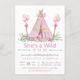 Invitation Teepee Rose Fête d'Anniversaire Premier Anniversai