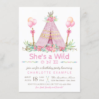 Invitation Teepee Rose Fête d'Anniversaire Premier Anniversai