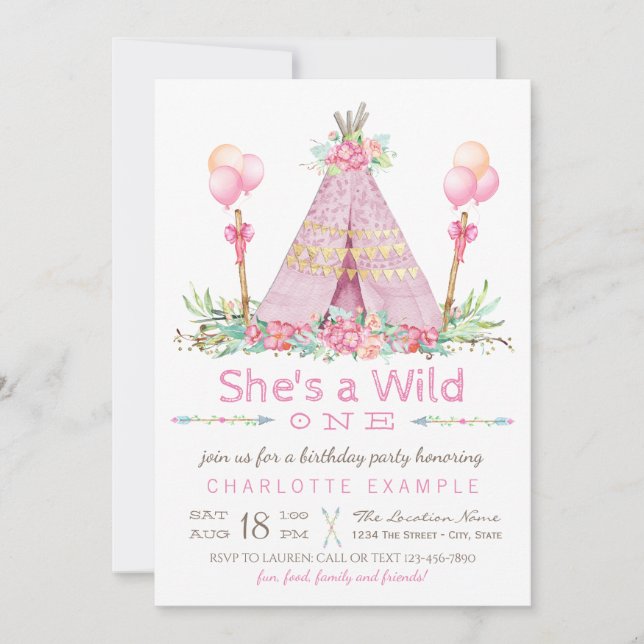 Invitation Teepee Rose Fête d'Anniversaire Premier Anniversai (Devant)