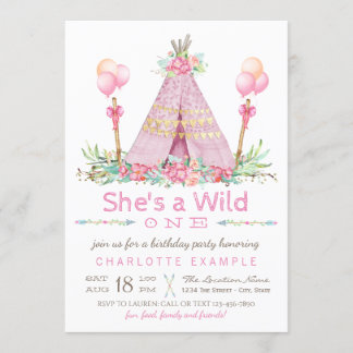Invitation Teepee Rose Fête d'Anniversaire Premier Anniversai