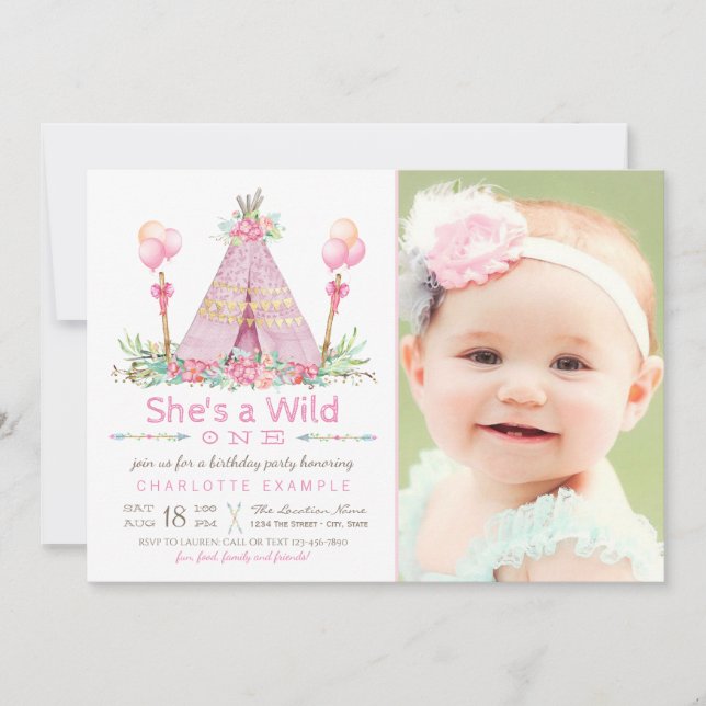 Invitation Teepee Rose Fête d'anniversaire Wild One 1er Anniv (Devant)