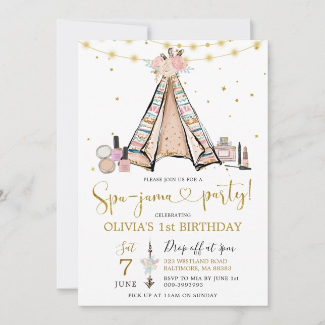 Invitation Teepee Rose Floral Girl Spa-Jama Party (Devant)