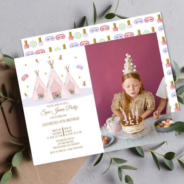Invitation Teepee Spa Anniversaire Photo Party (Teepee Spa-Jama Birthday Photo Party)