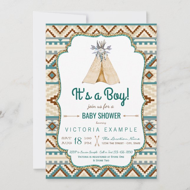 Invitation Teepee Tribal Garçon Turquoise Aztec Baby Shower (Devant)