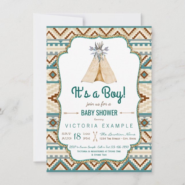 Invitation Teepee Tribal Garçons Aztec Baby Shower (Devant)