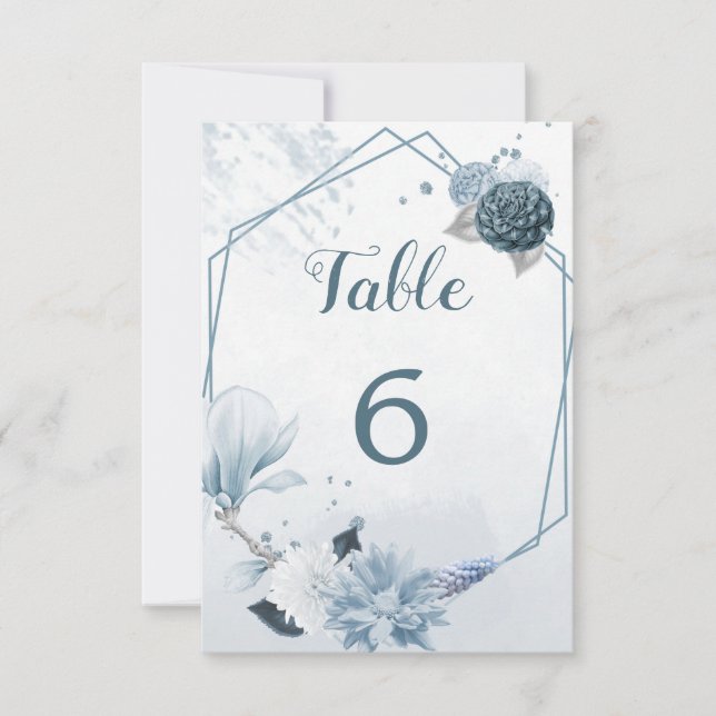 Invitation teintes bleues poussiéreuses fleurs numéro de tabl (Devant)
