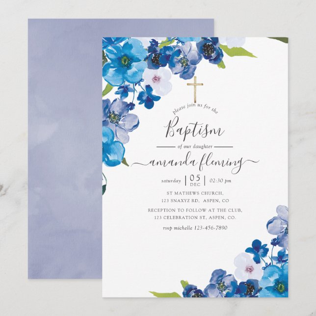 Invitation Teintes de baptême floral bleu (Devant / Derrière)