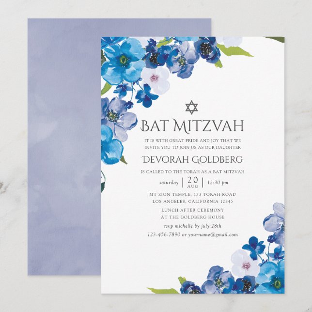 Invitation Teintes de bleu floral Bat Mitzvah (Devant / Derrière)