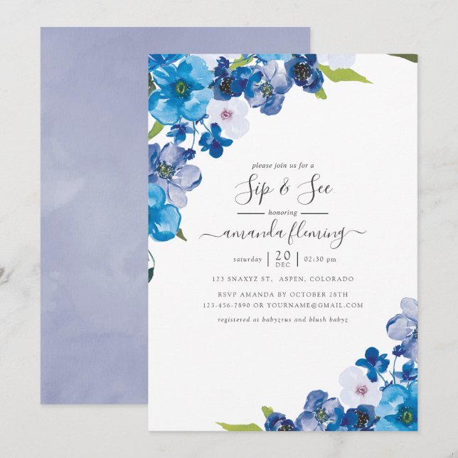 Invitation Teintes de bleu floral Sip and See (Devant / Derrière)