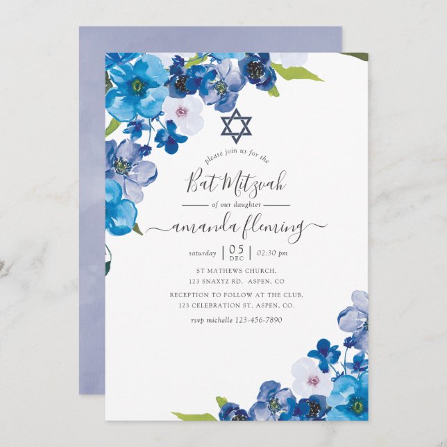 Invitation teintes du Bat mitzvah floral bleu (Devant / Derrière)