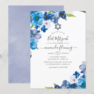 Invitation teintes du Bat mitzvah floral bleu