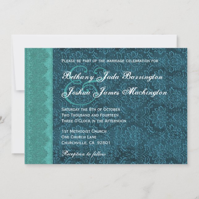 Invitation Teintes du monogramme Damas Turquoise Mariage V15A (Devant)