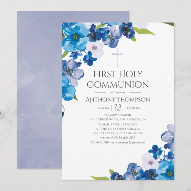 Invitation Teintes pastel de floral bleu pour baptême (Devant / Derrière)