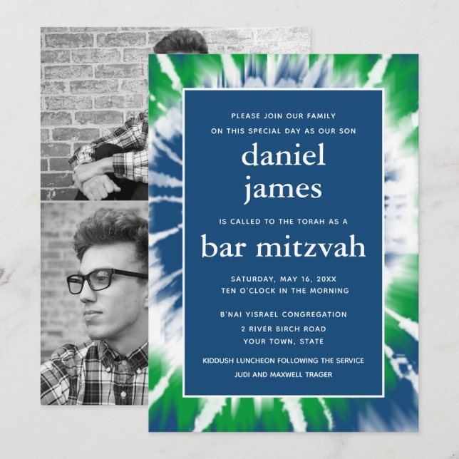 Invitation Teinture en bleu et vert Barre Mitzvah Collage pho (Devant / Derrière)