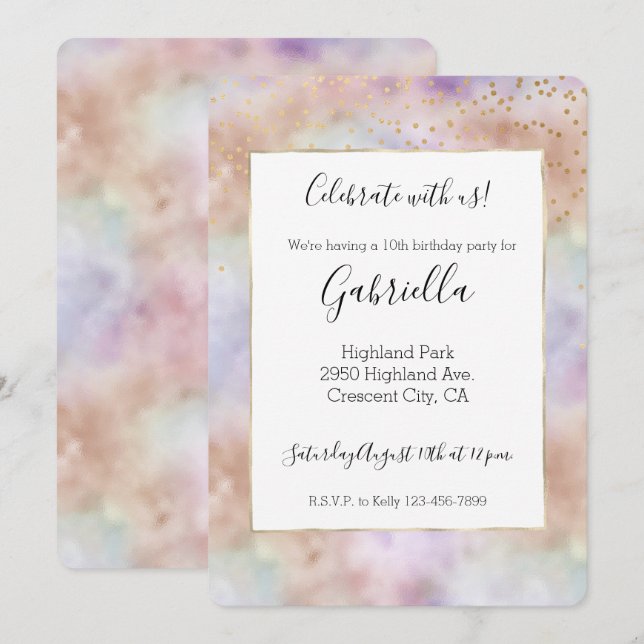 Invitation Teinture tie Blush Rose Violet Or Confetti (Devant / Derrière)