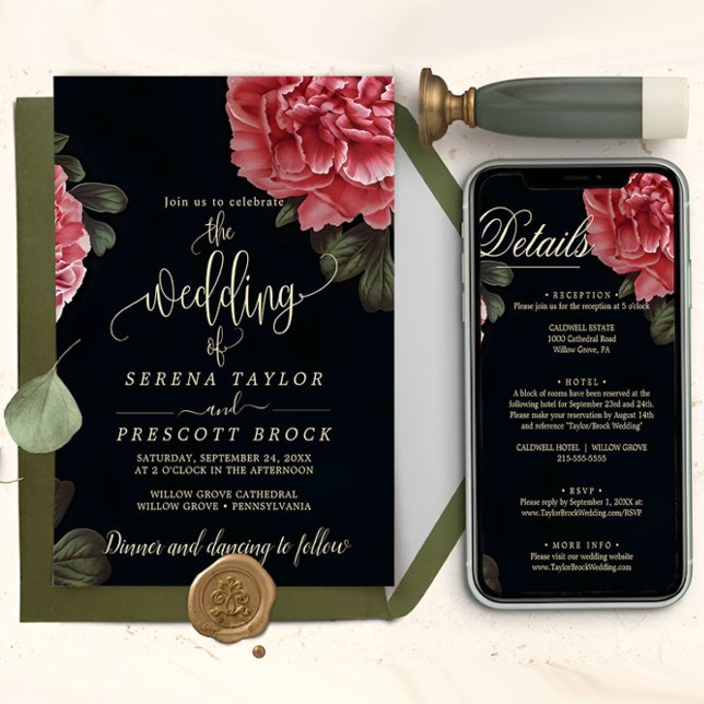 Invitation Téléchargeable Delicable Red Flower Mariage (wedding invitation with the details)