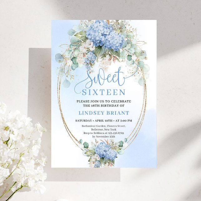 Invitation Téléchargeable Hydrangea Bleue Or Sweet 16 Anniver (Downloadable Blue Hydrangea Gold Sweet 16 Birthday Invite)