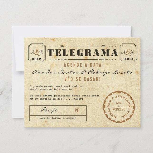 Invitation Telegrama do Vintage Agende a Data (Devant)