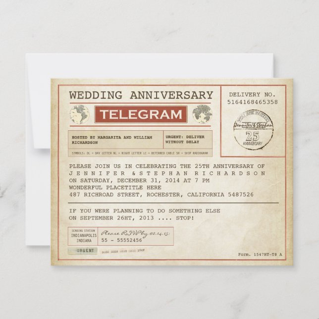 Invitation télégramme d'invitation d'anniversaire de mariage  (Devant)