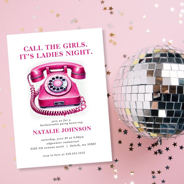 Invitation Téléphone Rétro Rose Appel aux Filles Enterrement  (Get ready to celebrate the bride-to-be with our Pink Retro Phone Bachelorette Party Invitation!)