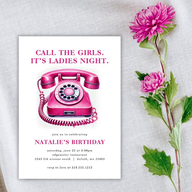 Invitation Téléphone Rotatif Rose Chaud Appel des Filles Anni (Get the girls together with our Hot Pink Rotary Phone Birthday Invitation! Perfect for ladies' night)