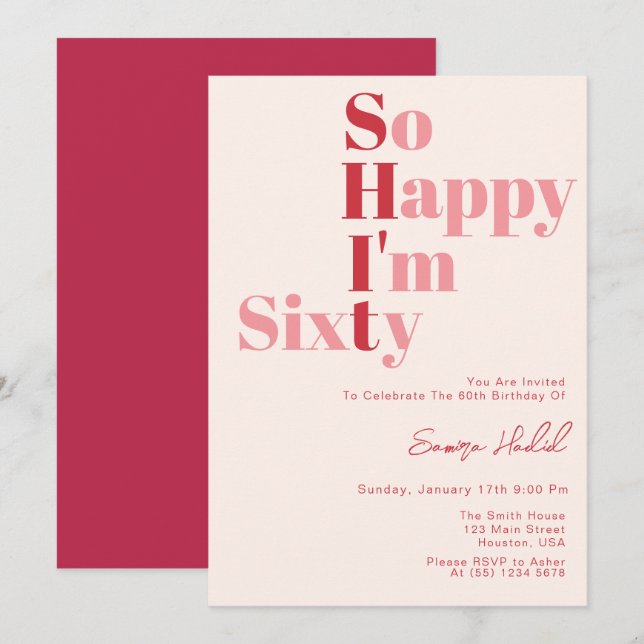 Invitation Tellement heureux que j'aie SOIXANTE ans Fête d'an (Devant / Derrière)