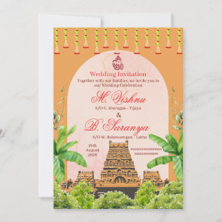 Invitation Temple hindou d'Inde du Sud et mariage sur feuille