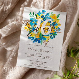 Invitation Temple moderne bleu jaune floral chic photo Sweet 