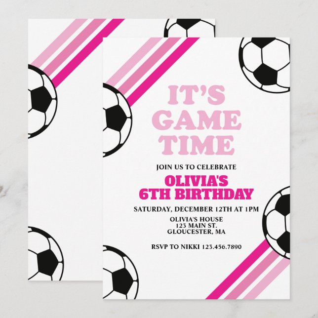 Invitation Temps de jeu de football Rayure rose Anniversaire (Devant / Derrière)