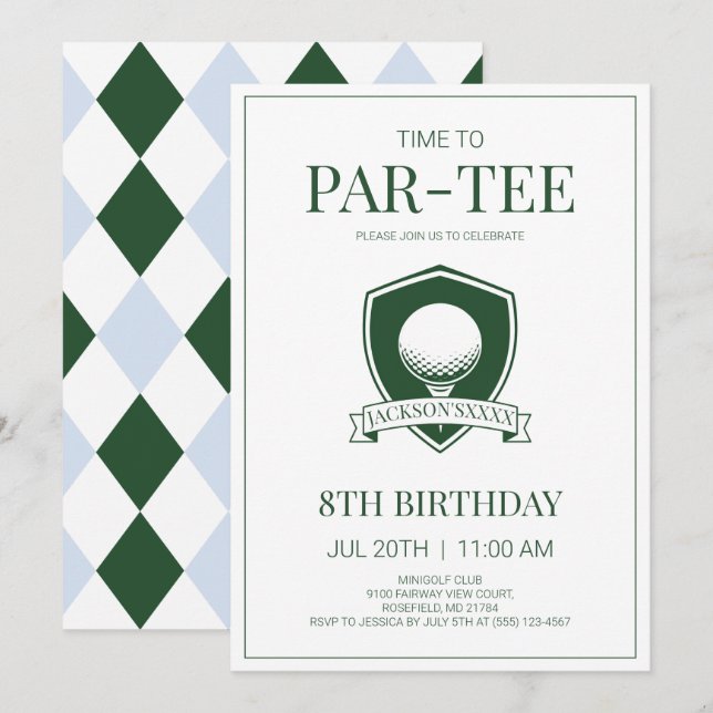 Invitation Temps de Par-Tee Green Blue Golf 8e fête d'anniver (Devant / Derrière)