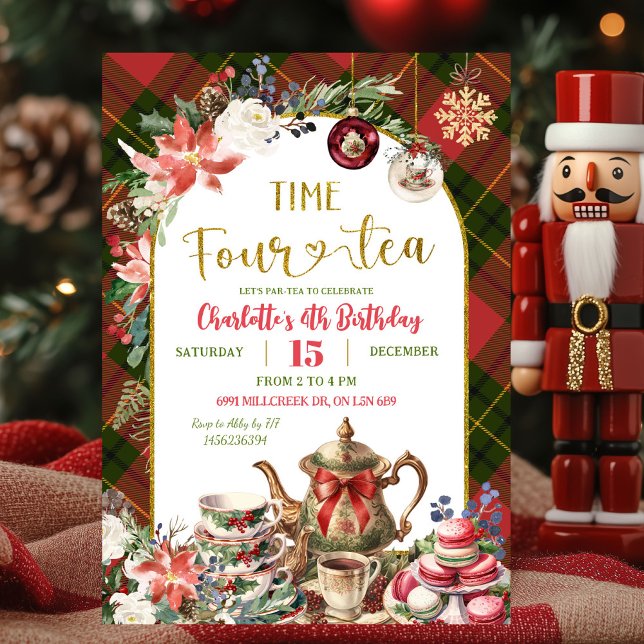 Invitation Temps pour le thé 4ème anniversaire de Noël à carr (Créateur téléchargé)