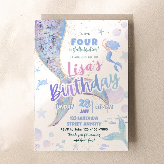 Invitation Temps QUATRE Une Shellabration Sirène 4e Anniversa (Time FOUR A Shellabration Mermaid 4th Birthday Gir Invitation)